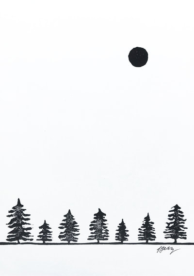 Winter Trees and Moon Block Print by San Diego Artist Jacki Geary