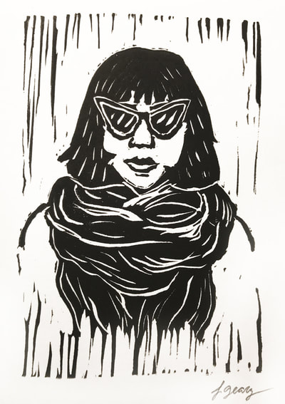 Woman with Sunglasses Block Print by San Diego Artist Jacki Geary