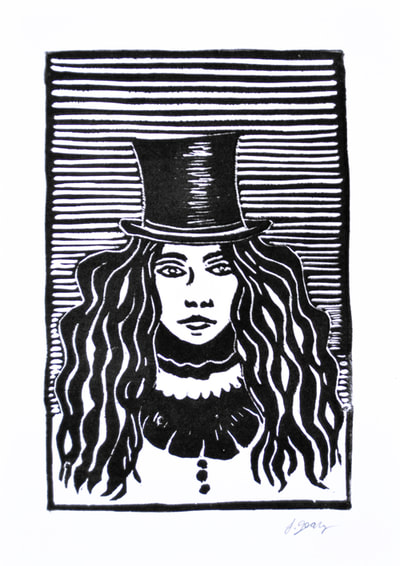 Woman in a Top Hat Block Print by San Diego Artist Jacki Geary